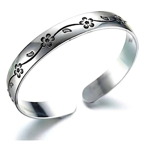 Sterling Silver Flower Bangle Adjustable Cuff Bangle Bracelet - Picture 2 of 5